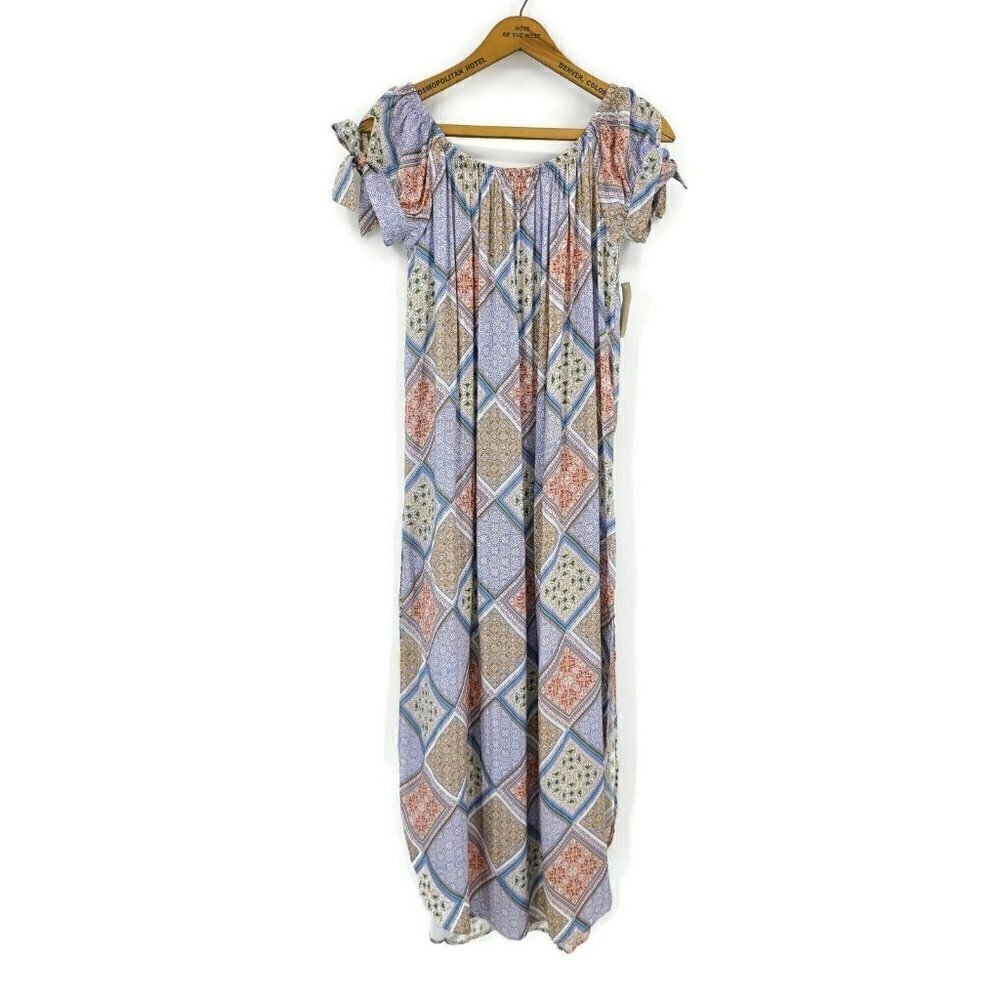 New Flynn Skye Moroccan Tiles Maple Dress XS Maxi Blue Off Shoulder Slits